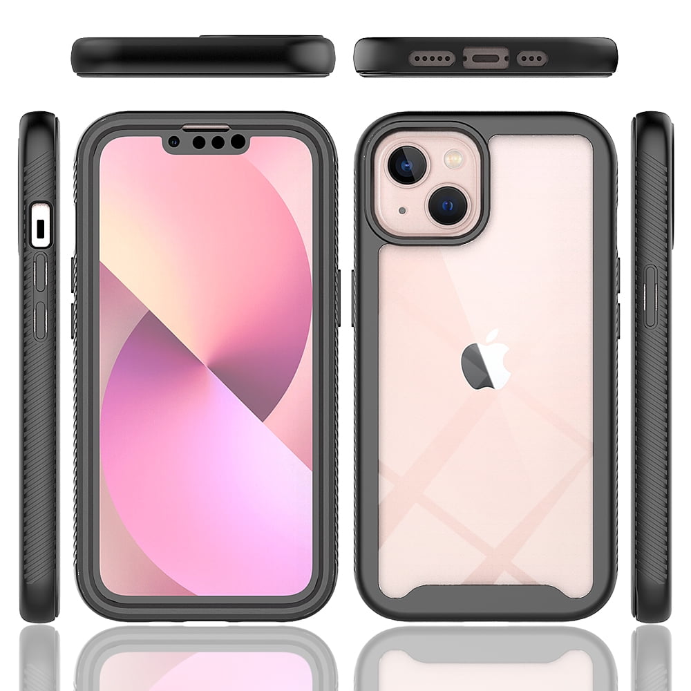 iPhone 13 Case with Built in Screen Protector,Dteck Full-Body Shockproof Rubber Hybrid Protection Crystal Clear PC Back Protective Phone Case Cover for Apple iPhone 13,Black