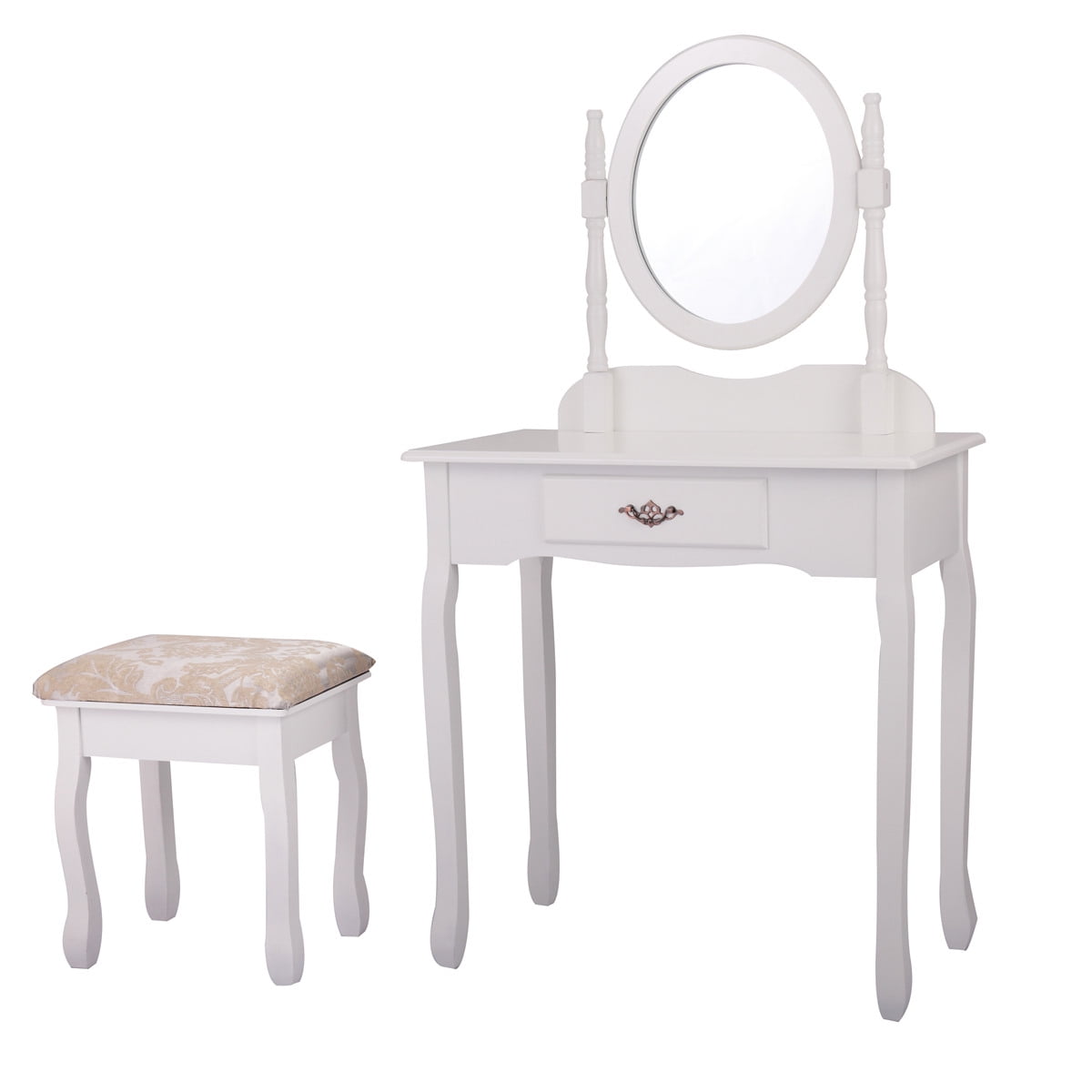 Lowestbest Make Vanity Table Set w/1 Drawer and Oval Mirror, White Lowestbest Make Vanity Table Set w/1 Drawer and Oval Mirror, White
