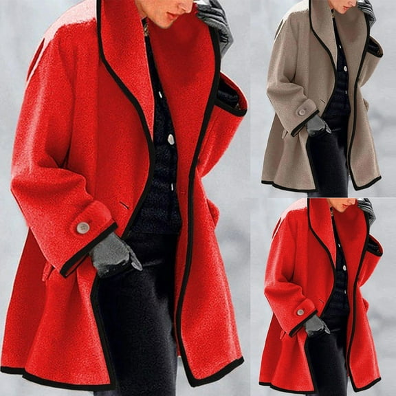 Juebong Women Plus Size Wool Coats Notched Lapel Pea Coat Oversized Loose Open Front Trench Coat Casual Winter Jackets Overcoat Red,S
