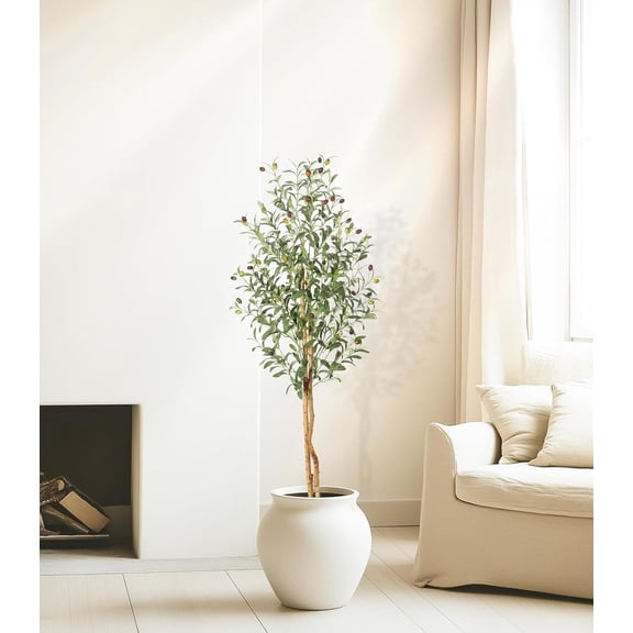 5ft Artificial Olive Tree with White Cement Planter and Green Moss – Realistic Faux Silk Plant with Natural Wood Trunk,1 PCS