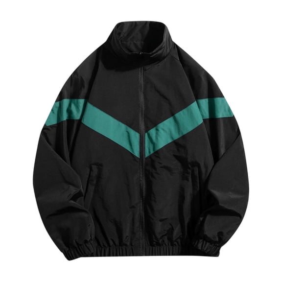 Iyufng Men's Stand Collar V Shape Color Block Track Jacket Full Zip Rib Cuff Retro Vintage Windproof Athletic Coat