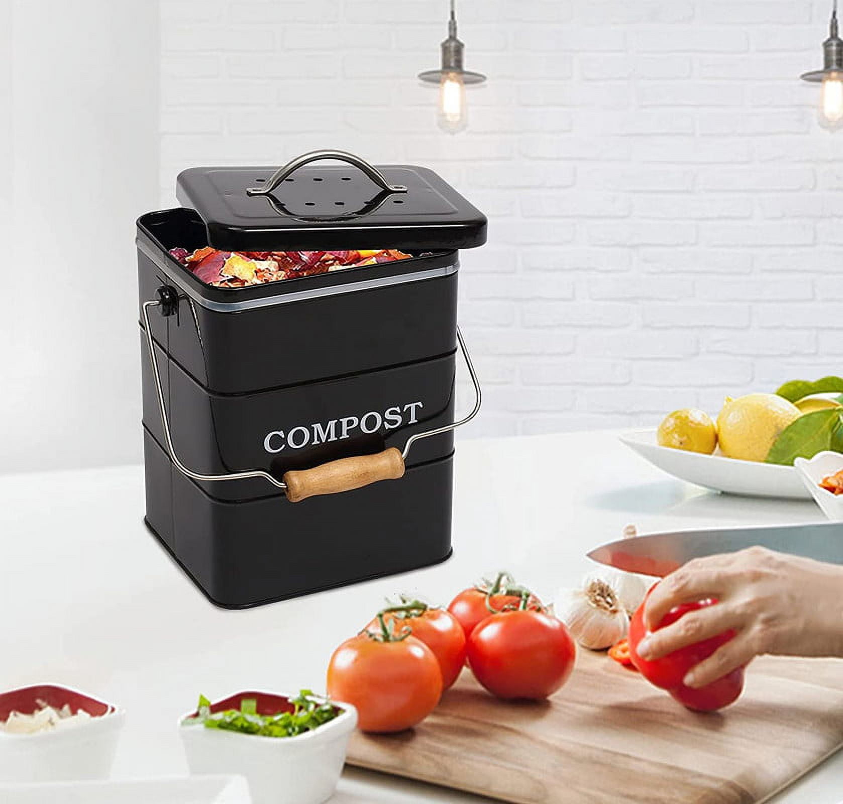 Pethiy Stainless Steel Compost Bin for Kitchen Countertop Compost Bin，1 Gallon, Kitchen Trash Can -Includes Charcoal Filter，Compost Bucket Kitchen Pail Compost with Lid-Black