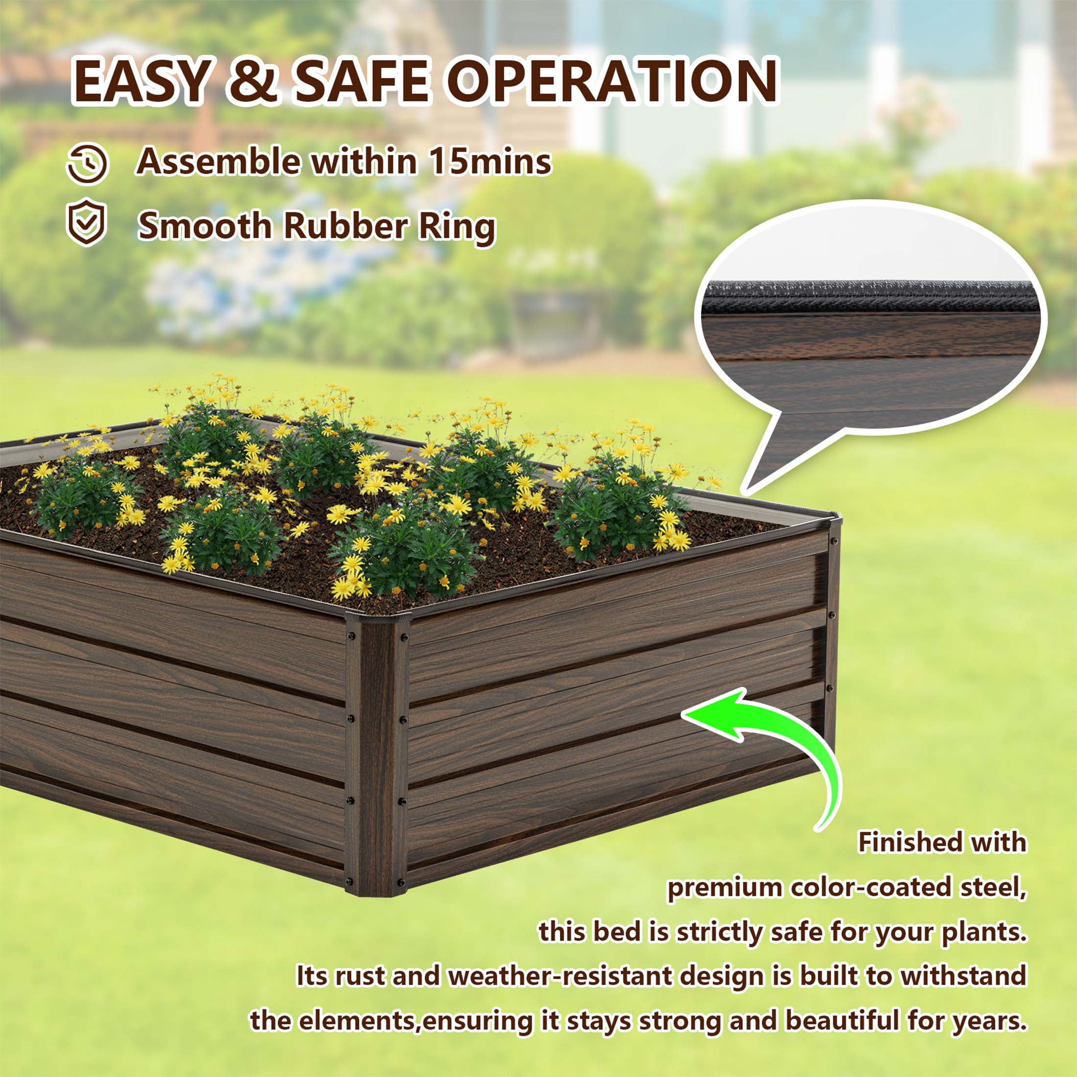 LZBEITEM 3-Pack Galvanized Raised Garden Bed, 4x3x1ft Metal Planter Box for Outdoor Vegetables, Herbs & Flowers, Wood Grain Brown