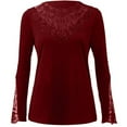 thumbnail image 4 of IROINNID Womens Long Sleeve Tops Round Neck Lace T-Shirt Autumn Solid Hollow Out Blouse Tops,Wine, 4 of 5