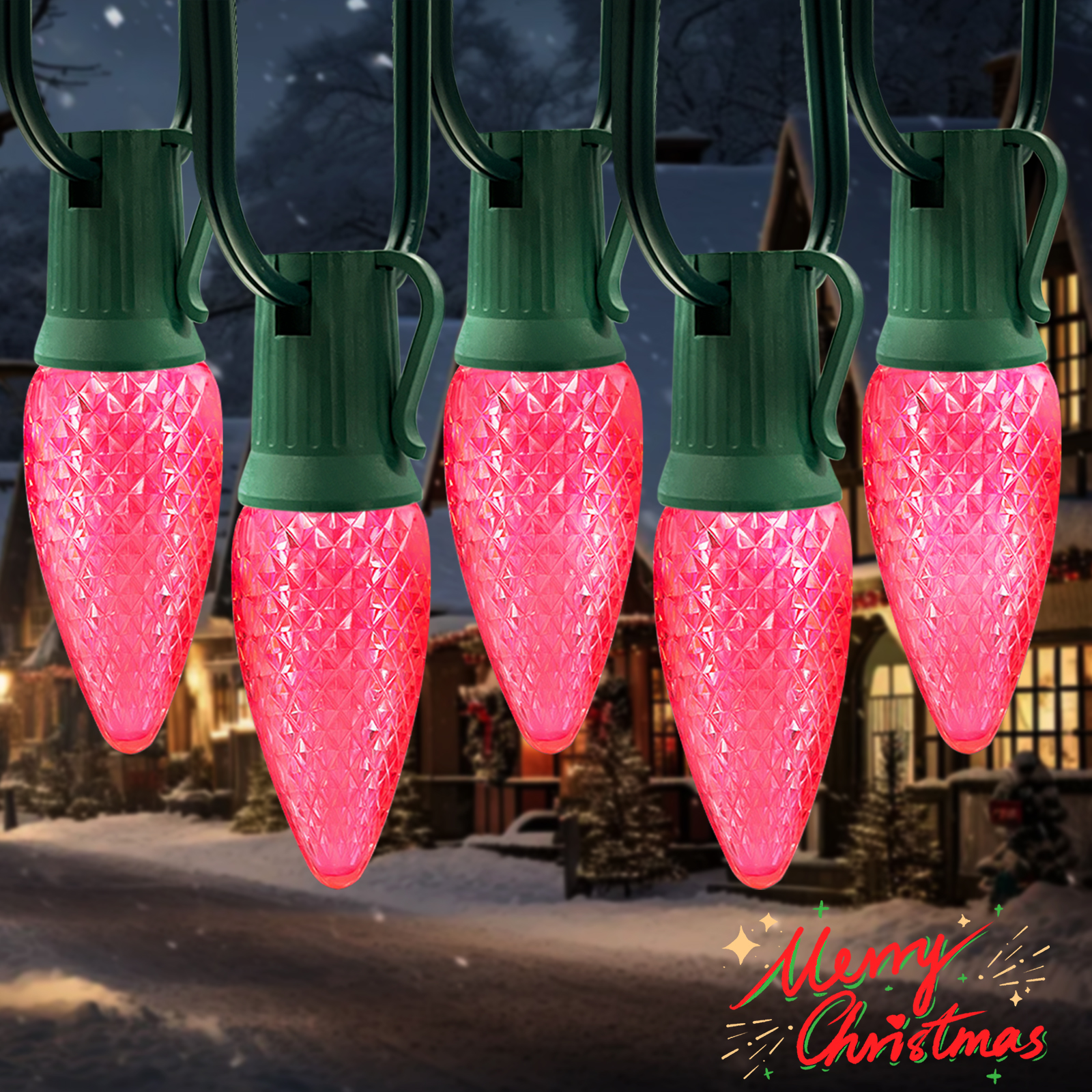 LAMPHOME Pink C9 Christmas String Light Outdoor, 25FT Shatterproof LED for House Rooflines & Pathways, Connectable Waterproof Vintage Christmas Light for Tree, Yard, Patio, Porch, Garden