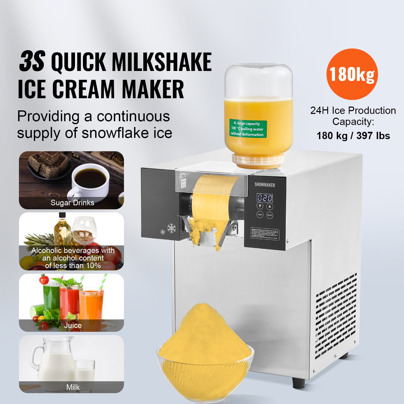 KFFKFF Commercial Snowflake Ice Machine, 397 lbs/24H Ice Maker Stainless Steel Ice Shaver, Electric Snow Cone Machine with Air Cooling System for Efficient Heat Dissipation, Ideal for Bakery and Cafe