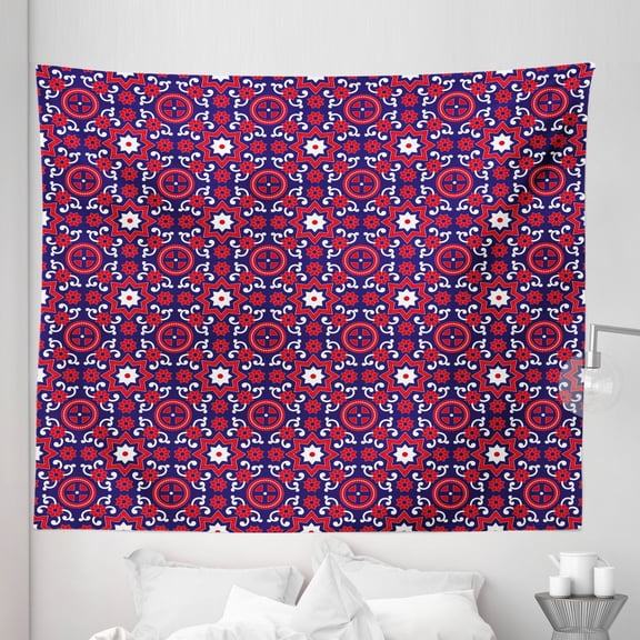 Orient Tapestry, Moroccan Pattern with Middle Eastern Oriental Effects Old-Fashioned Design, Fabric Wall Hanging Decor for Bedroom Living Room Dorm, 5 Sizes, Indigo Red White, by Ambesonne
