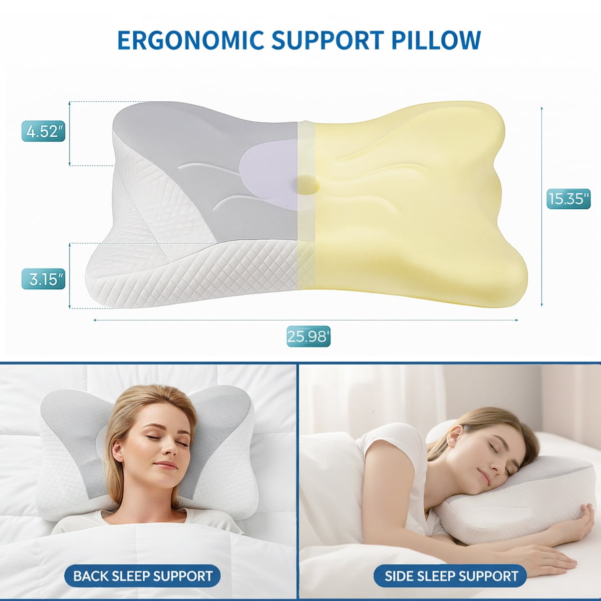 CONCETTA Ergonomic Cervical Pillow Orthopedic Cervical Pillow for Neck Pain Relief, King, Gray
