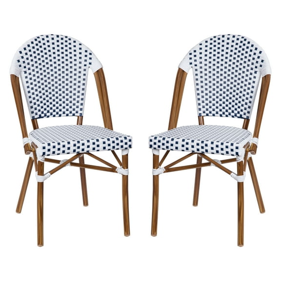 Flash Furniture Lourdes Set of 2 Indoor/Outdoor Commercial Bistro Stacking Chair, White/Navy PE Rattan Back and Seat, Bamboo Print Aluminum Frame in Natural