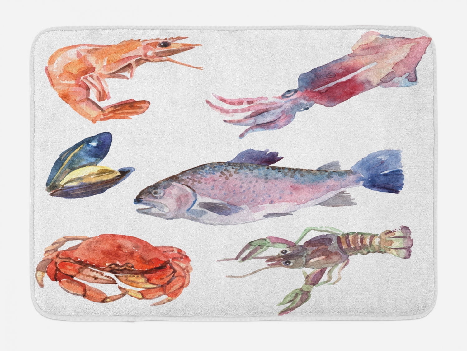 Sea Animals Bath Mat, Sea Food Illustration with Shrimp Mussel Fish