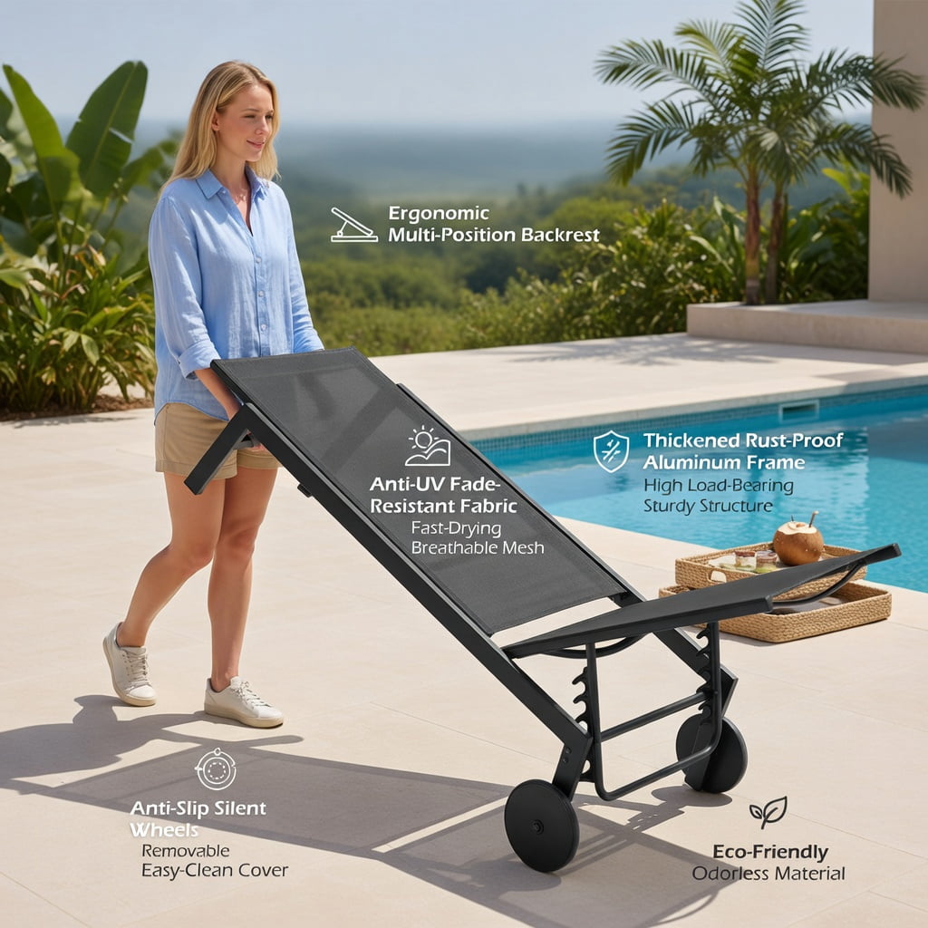 Hommoo 2-Pack Patio Chaise Lounge Chairs with 6-Position Adjustable Backrest, Rolling Wheels & Sturdy Metal Frame for Poolside, Deck & Backyard, Black
