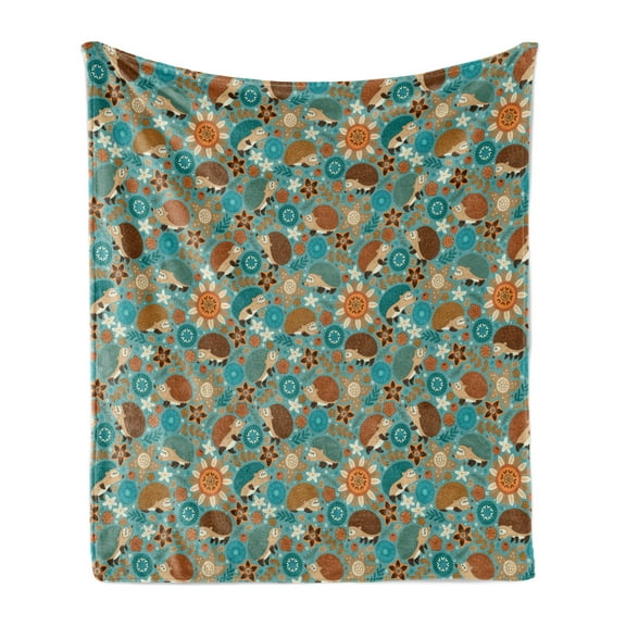 Cartoon Soft Flannel Fleece Throw Blanket, Hedgehogs and Flowers with Ornamental Motifs Vintage Look Fun and Floral Theme, Cozy Plush for Indoor and Outdoor Use, 70" x 90", Multicolor, by Ambesonne