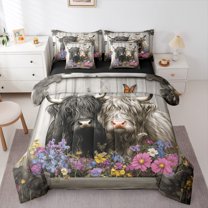 Manfei Couple Highland Bull Bedding Comforter Set 7 Pieces, Kawaii Farm Animal Full Bedding Set, Colorful Farmhouse Floral Reversible Fitted Sheet Flat Sheet, Ultra Soft Home Decor