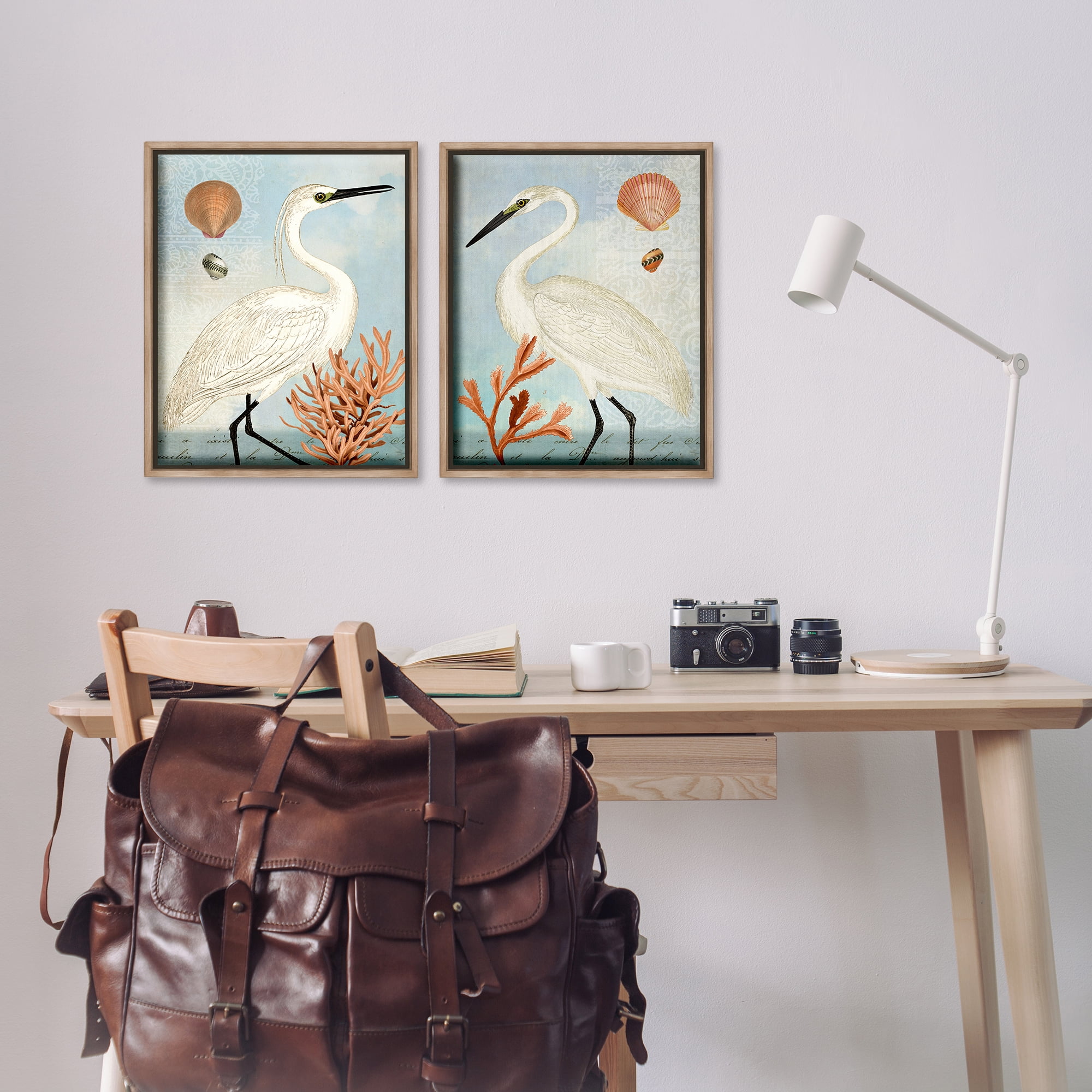 Stupell Industries Beach Items Shell Heron Egret Animals Painting Brown Floater Framed Canvas Art Print Wall Art, 17 x 21, Set of 2