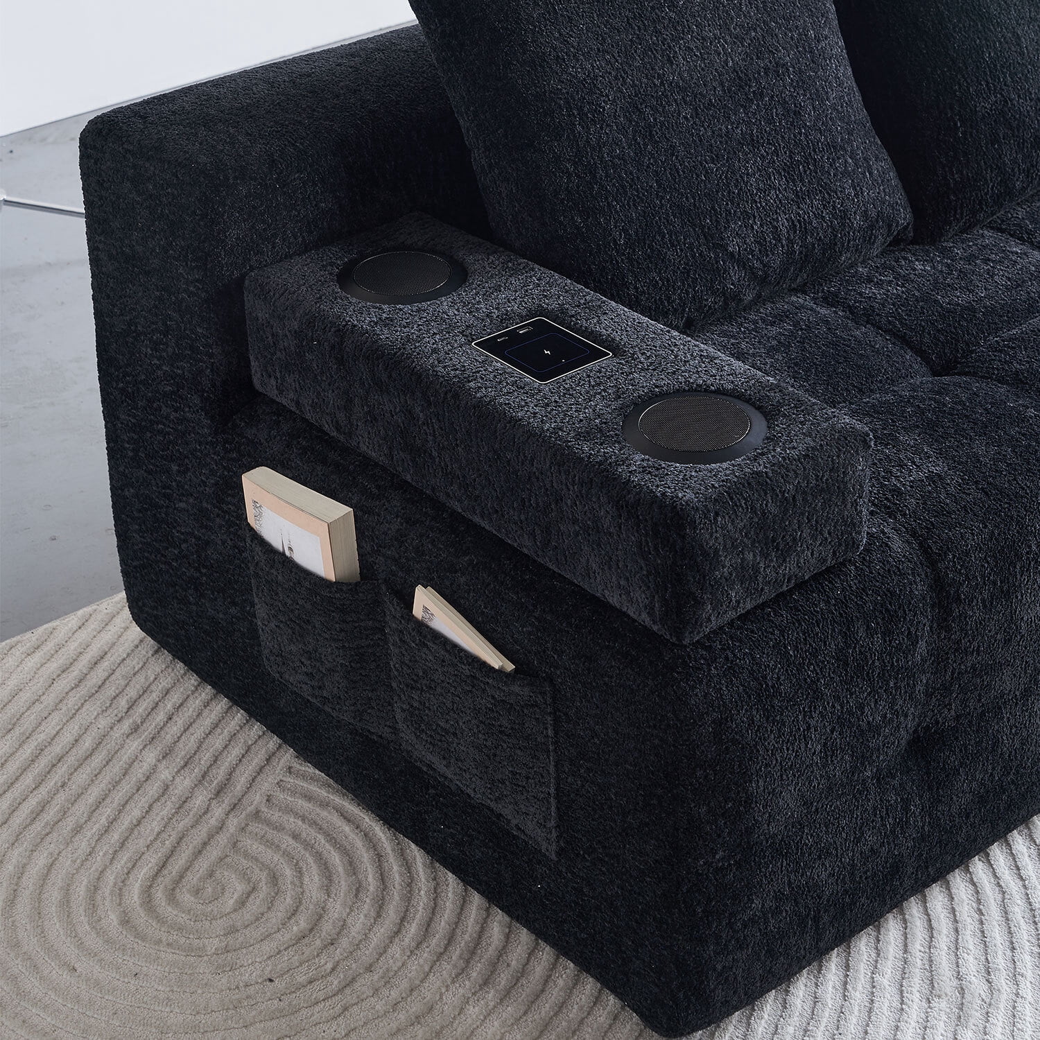 Modern L-shaped Tufted Sectional Sofa with Built-in Wireless Charging & Bluetooth Speaker,Reversible Chaise with Chenille Sofa Couch, USB Port, Cup Holders, Black,Perfect for Small Apartments