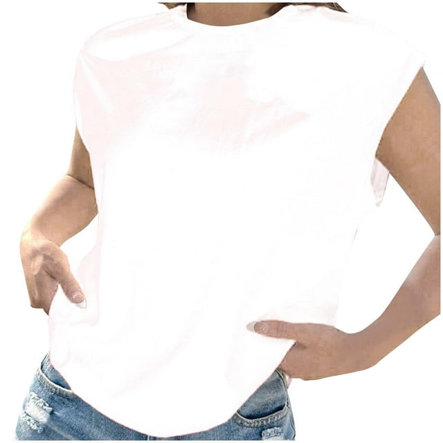 AherBiu Summer Tops for Women Cap Sleeve Basic Top Tees Shirts Comfy Solid Color Crewneck Blouse