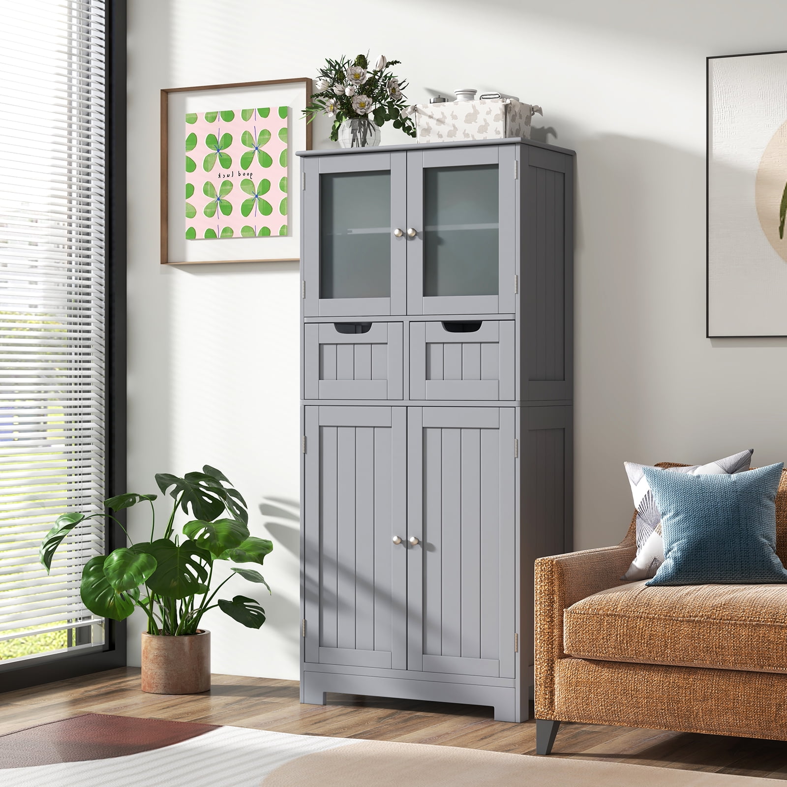 Giantex Freestanding Bathroom Storage Cabinet, Tall Linen Floor Cabinet w/Adjustable Shelves, Grey