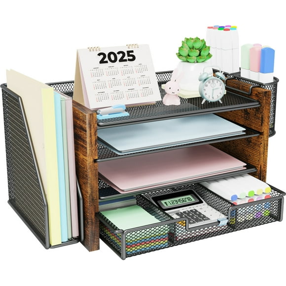MEHOOM Wood Desk Organizers and Accessories with File Holder, 4-Tier Desk Accessories & Workspace Organizers with Drawer and Pen Holder, Paper Organizer for Office Supplies (Wood)
