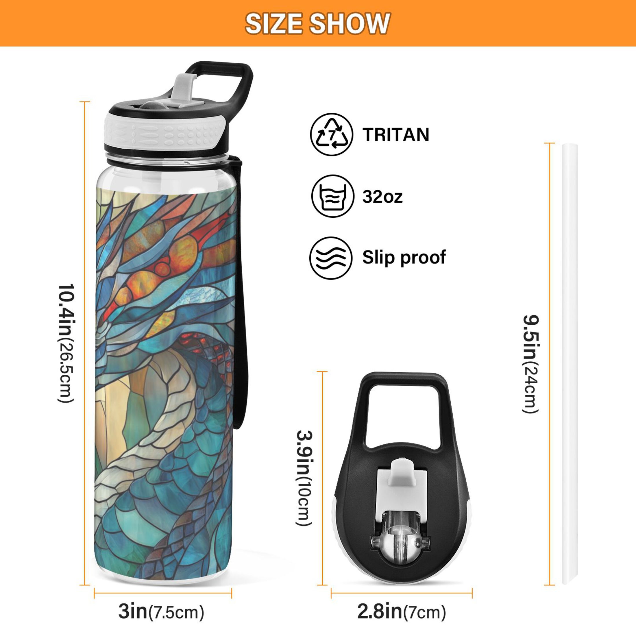 32oz Transparent Sports Water Bottle with Straw for Kids Adults Outdoor School Gym Fitness Stained Glass Dragon