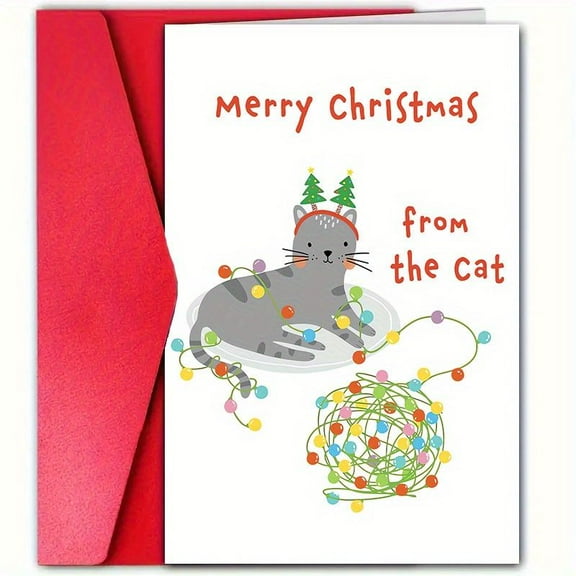 Funny Merry Christmas Cat Card – Adorable Holiday Greetings from the Cat – Includes Envelope – Perfect for Pet Lovers and Cat Owners