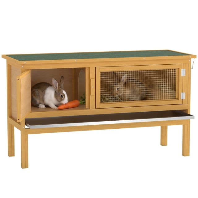 PawHut Wooden Rabbit Hutch, Indoor Outdoor Bunny Cage with Tray