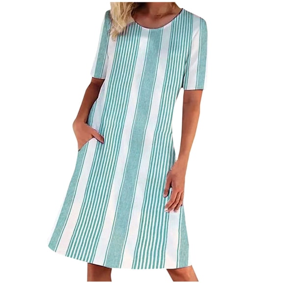 Henpk Summer Dresses for Women Striped T Shirt Dress Casual Midi Dress Short Sleeve Sundress with Pockets Round-Neck Fashion Casual Temperament Pullover Short Sleeve Print Casual Loose Pocke Green XL