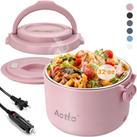 Aotto Electric Lunch Box, 32 oz Portable Heated Lunch Box for Adults, 12V/24V/110V Portable Food Warmer for Car/Truck/Work, BPA-Free, Pink