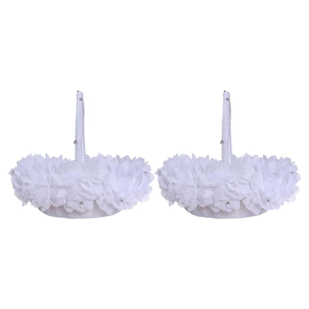 Inteprter Cesta para niñas con flores, mango de diamantes de imitación, accesorios de decoración de boda de encaje Blanco 2Conjunto