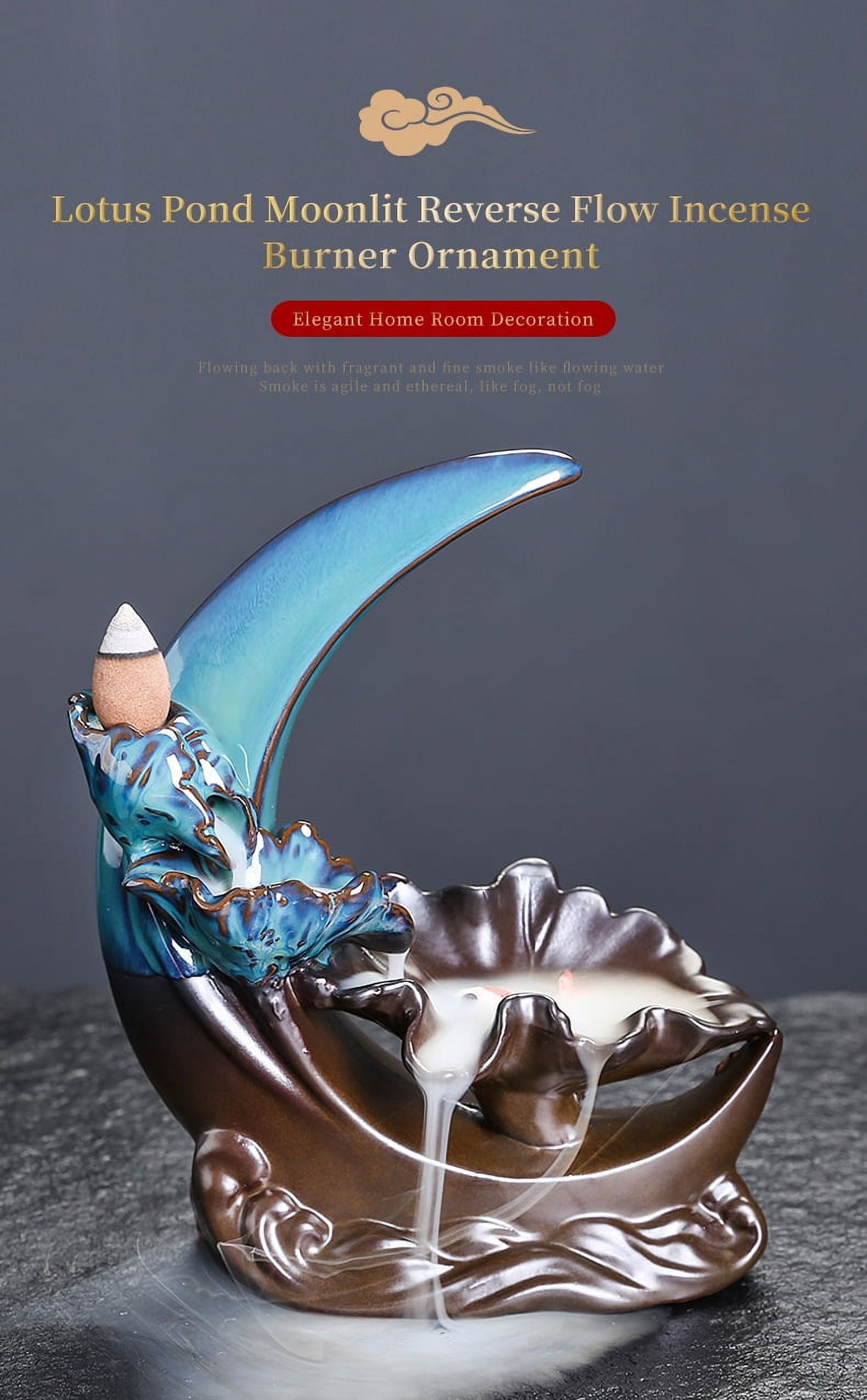 Ceramic Backflow Waterfall Burner Creative Moon Lotus Leaf Small Fish Sandalwood Backflow Incense Holder Craft Decoration