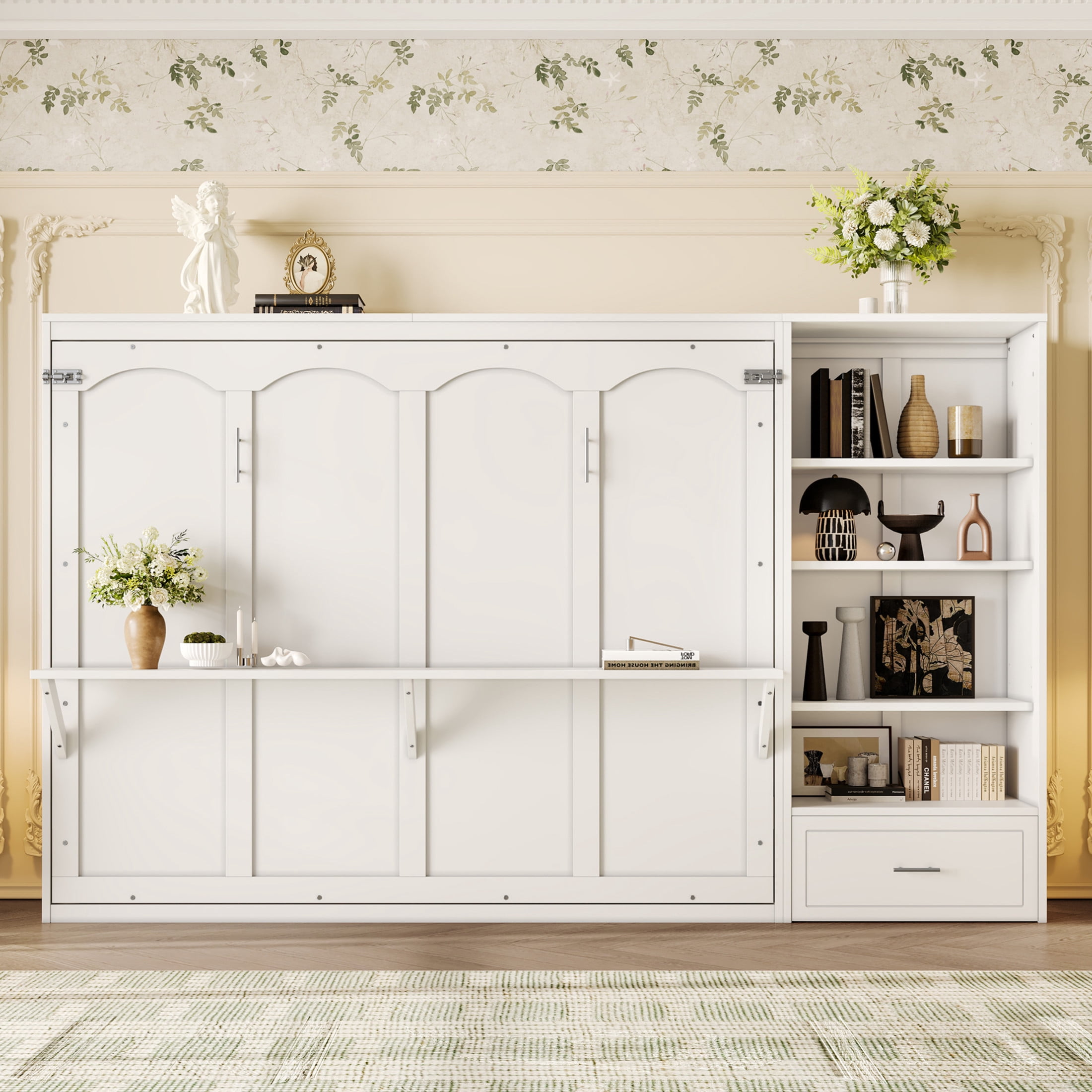 Noble House Queen Murphy Bed with Adjustable Storage Shelves and Drawer, Foldable Wall Bed Frame, White
