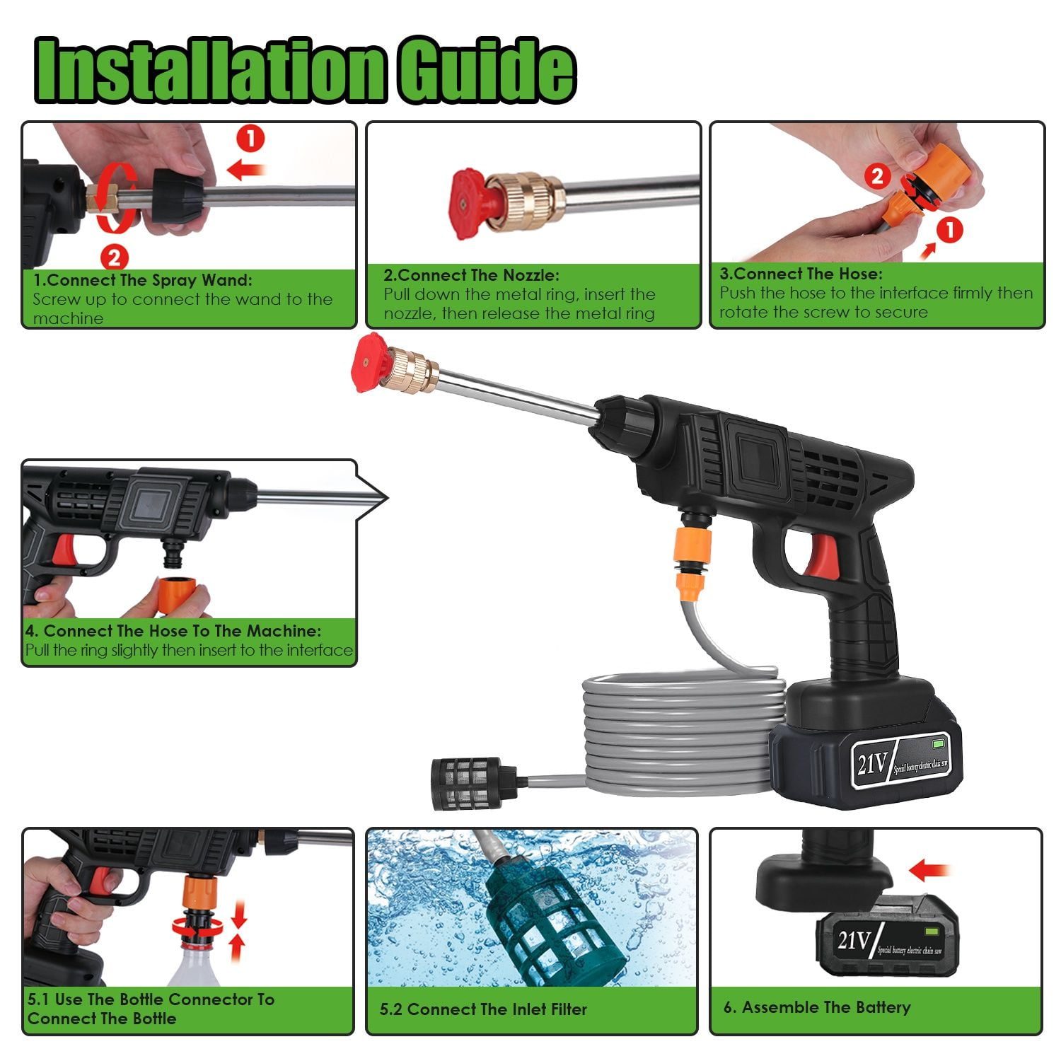 300W Cordless Handheld Pressure Washer, 400PSI Portable Rechargeable Power Washer with 0°/40° Nozzle Foam Bottle, 16.4ft Hose Filter Basket for Car Garden Stair Pool Cleaning