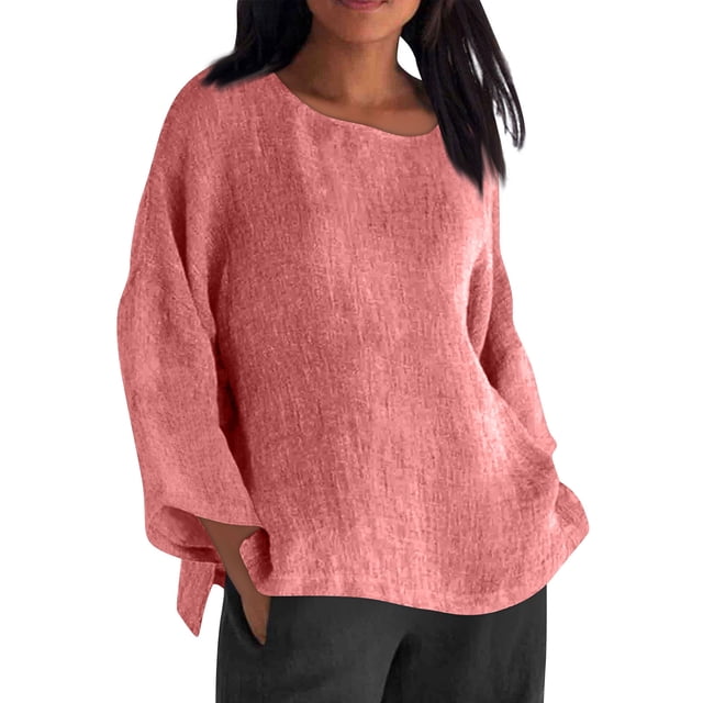 aidice Hauts Grande Taille pour Femmes Coton Lin Col Rond Manches Longues T-Shirts Légers Amples Décontractés
