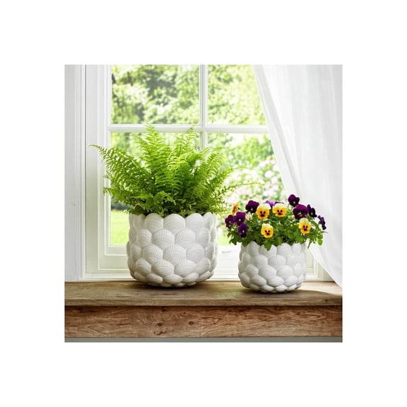 Planters Ceramic Ceramic Embossed Fan Pattern Indoor Outdoor Home Garden Use Set of 2 - 7", 5" White