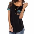 thumbnail image 2 of Camiseta de mujer de manga corta con cuello redondo y bolsillo a rayas en la parte superior, negro, L Vogacara  AP001586-03, 2 of 6