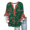thumbnail image 2 of Bovemsi Women's 3/4 Sleeve V Neck Lace Trim Button Up Top - Casual Bubble Wrinkles Blouse with Relaxed Fit, Green, L, 2 of 4
