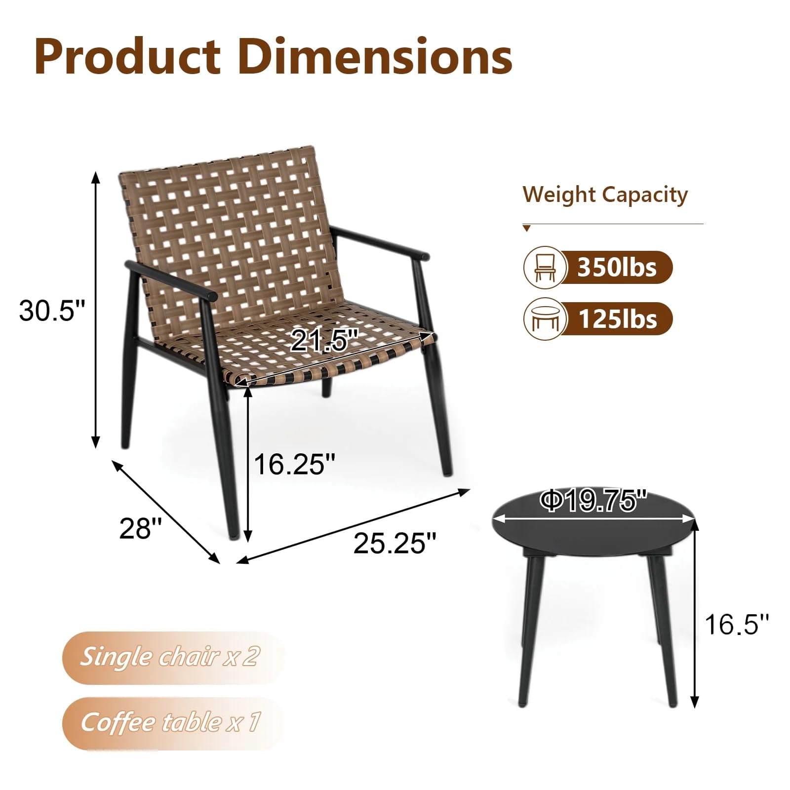 Tappio 3 Piece Outdoor Wicker Bistro Furniture Set, PE Rattan Chairs Porch Furniture Set with Glass Table for Yard Garden Balcony