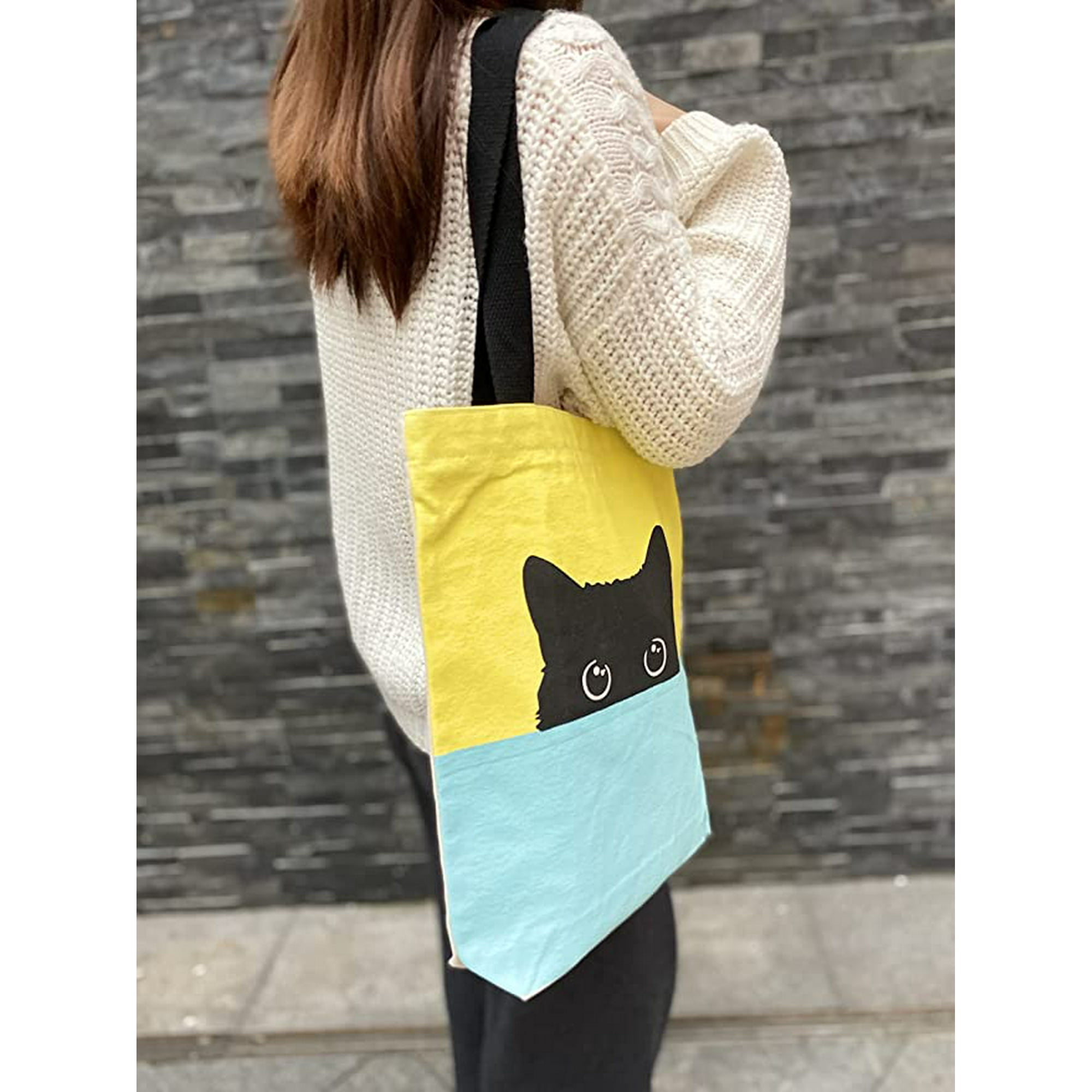 Hongchun Cute Canvas Tote Bag with Zipper Utility Tote Bag Aesthetic Shopping Bags for Groceries Reusable Tote Bag for Beach Pool Gym Travel Book Teacher Lemon Yellow Cat Walmart