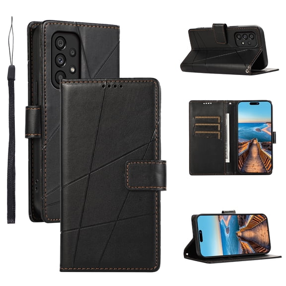 ELEHOLD for Samsung Galaxy A13 4G Flip Folio Wallet Case with Credit Card Holders Magnetic Clasp Kickstand Function Wrist Lanyard Premium PU Leather Shockproof Protective Cover,black