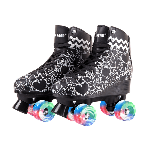 Skate Gear Retro Quad Roller Skates with LED wheels, Holiday Gift (Graphic Black, Women's 9 / Men's 8)