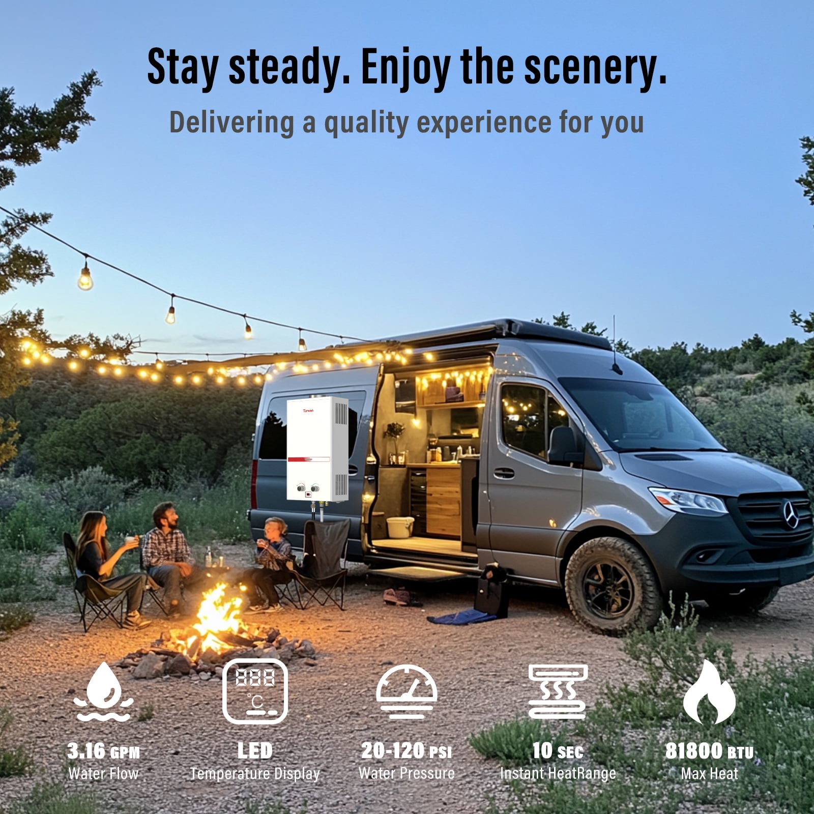 TOPWISH 12L Tankless Propane Water Heater, 3.16 GPM Portable Camping Hot Water Heater, 81,800 BTU, Digital Display, 6-in-1 Safety Protection, Battery-Powered for Outdoor RV Shower & Cabin