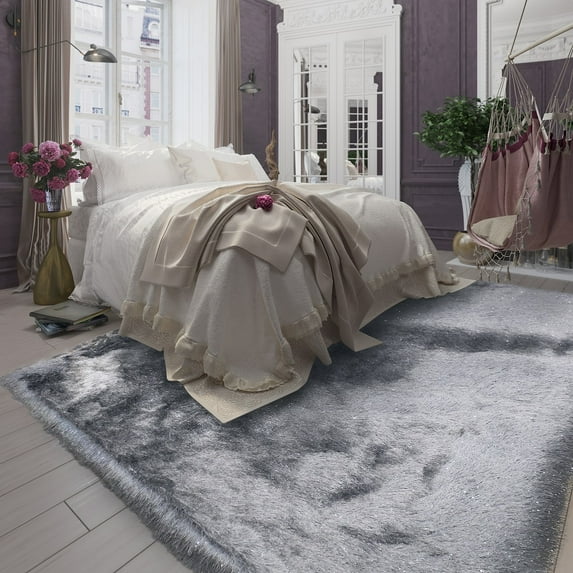 5x7 ft Light Gray Shag Glitter Shaggy Fluffy Fuzzy Modern Contemporary Designer Decorative Solid Living Room Bedroom Area Rug Carpet
