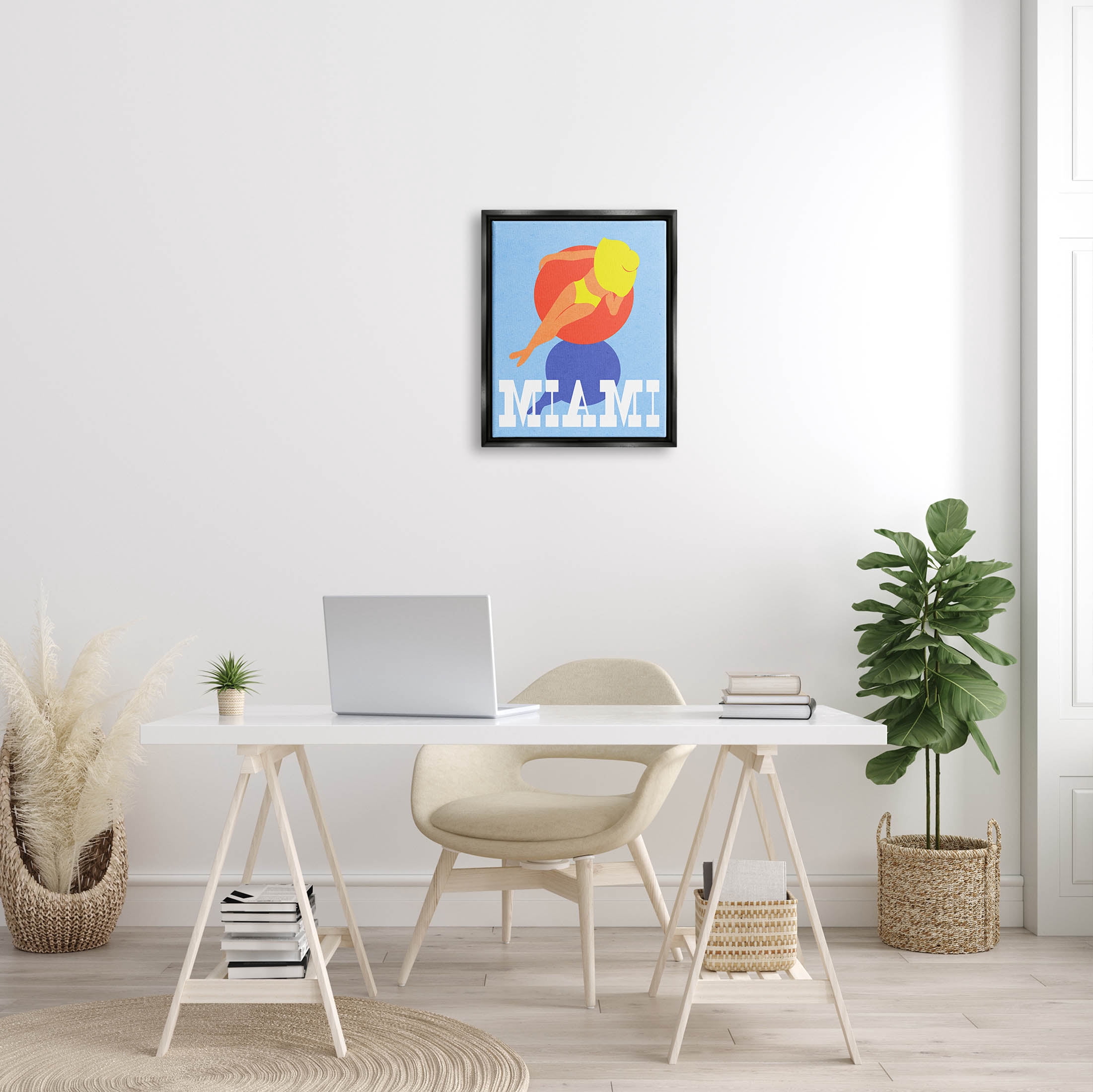 Stupell Industries Miami Woman in Pool Float Graphic Art Jet Black Floating Framed Canvas Print Wall Art, Design by Daphne Polselli
