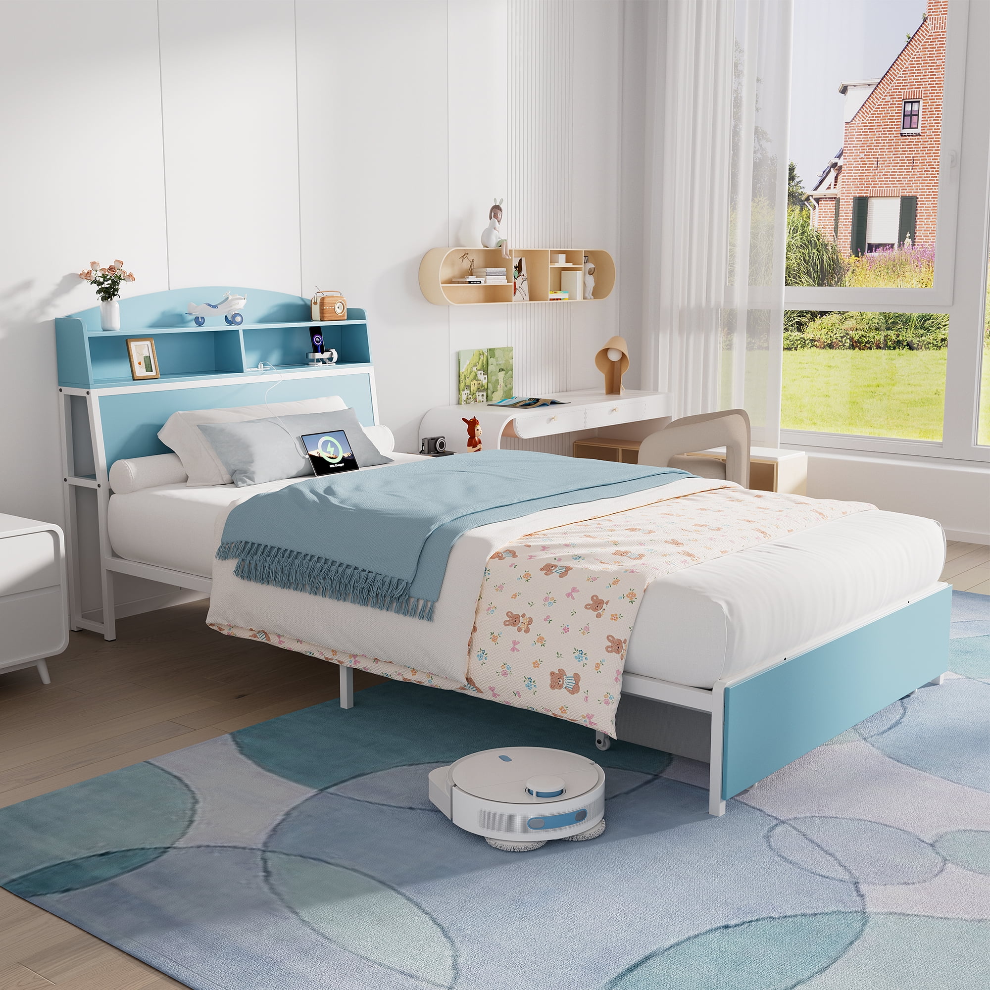 Twin Bed Frame with Storage Headboard & Drawer, 3-in-1 Charging Station, Sturdy Metal Frame, No Box Spring Needed, Noise-Free, Non-Slip Design –(Blue & White)