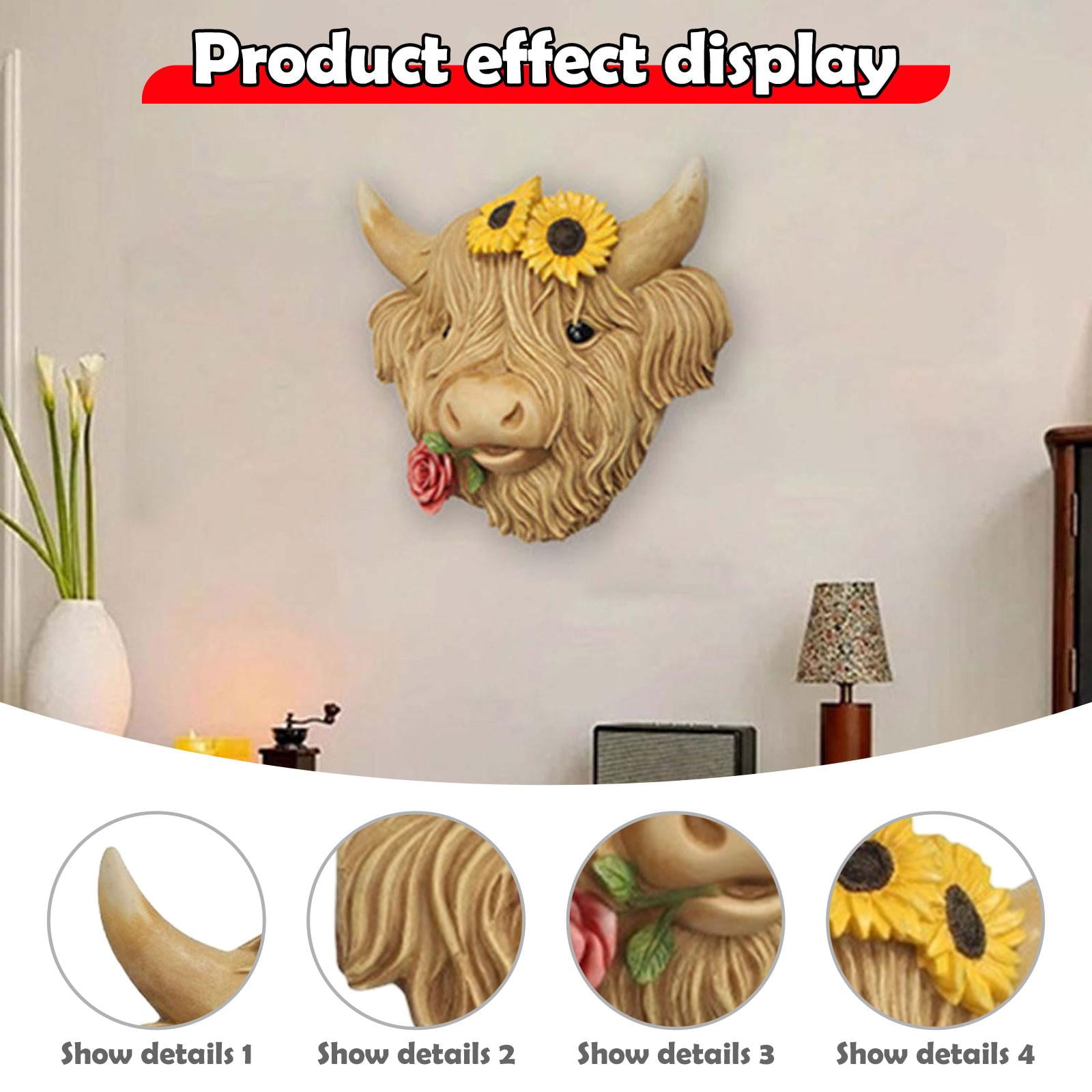Highland Cow Head Wall Decor Sculpture Ornament Resin Build for Garden Balcony Entryway and Home