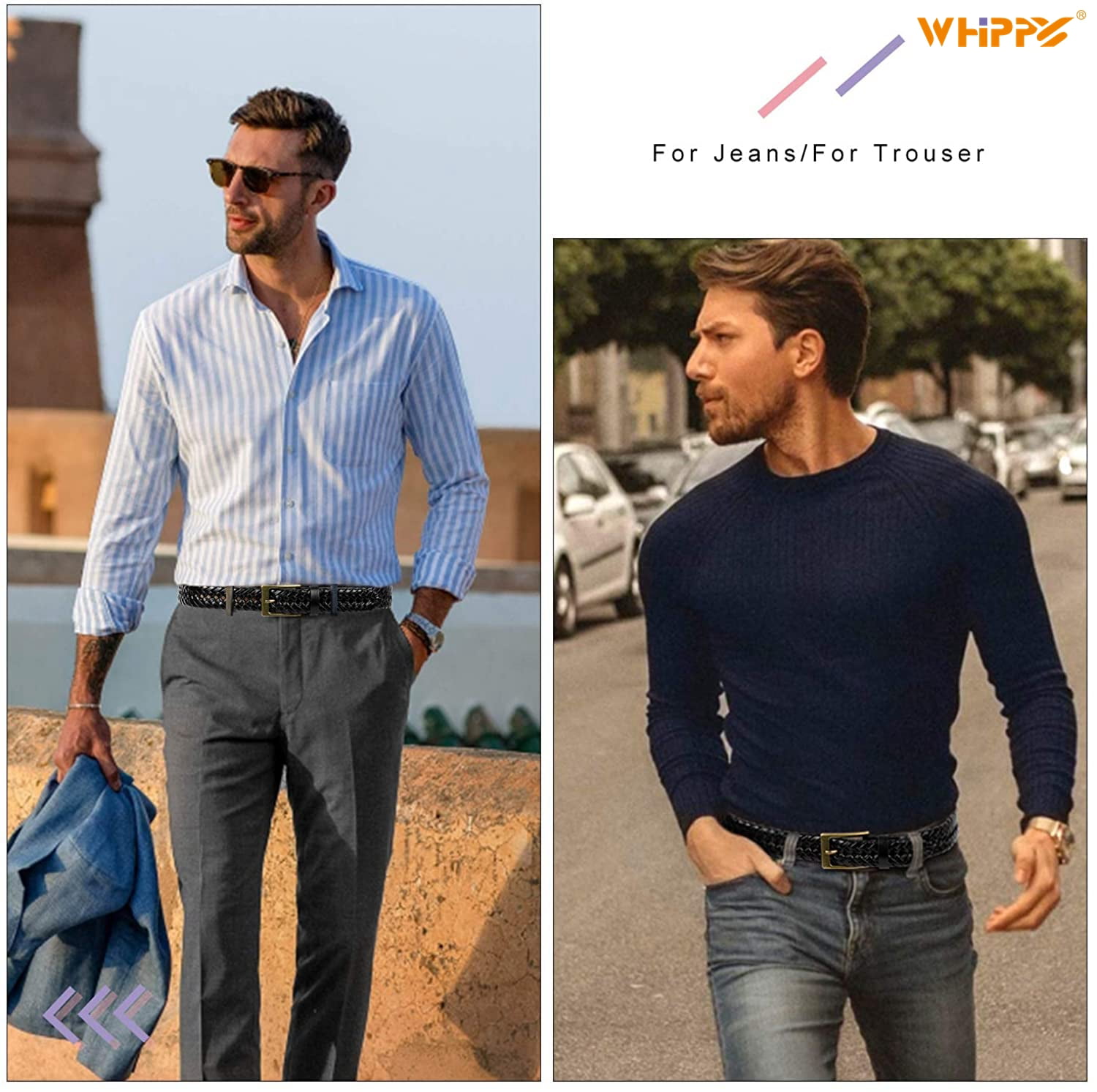 WHIPPY Men's Braided Leather Belt, Woven Belt for Jeans Pants