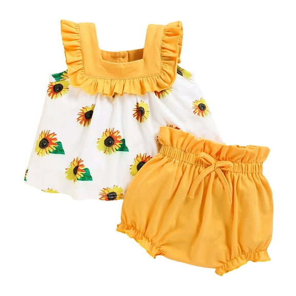 Dooleck Baby Girl Clothes Infant Sunflower Ruffle Dress Top Bloomer Shorts Outfit Set