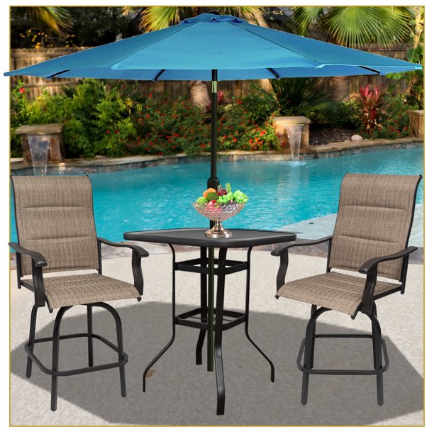 Patio Bar Stools Set Of 3 Padded Textilene Furniture Outdoor Bistro Swivel Height Chair Coffee Table With Umbrella Hole For Yards Patios Gardens Porches Patio Bar Stools Set Of 3 Padded, Outdoor Patio Bar Set With Umbrella