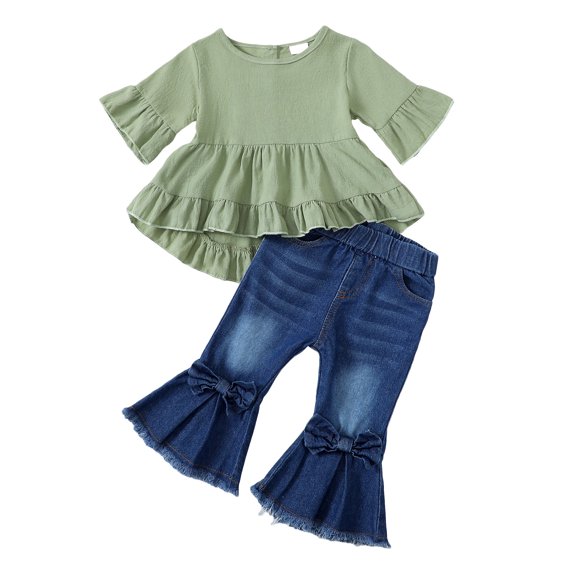3T Baby Girls Clothes 4T Girls 2PCS Denim Outfits Solid Color Round Neck Toddler Girls Short Sleeve Irregular Top Denim Pants Set Green