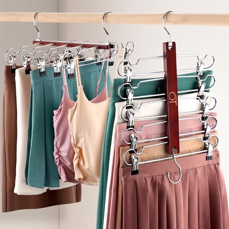 2 Pack Skirt Hangers with Clips, Space Saving Beechwood 5 Tier Pants Hangers with 360? Swivel Hook, Closet Organizer for Skirts, Pants, Tank Top-College Dorm Room Essentials (Brown)