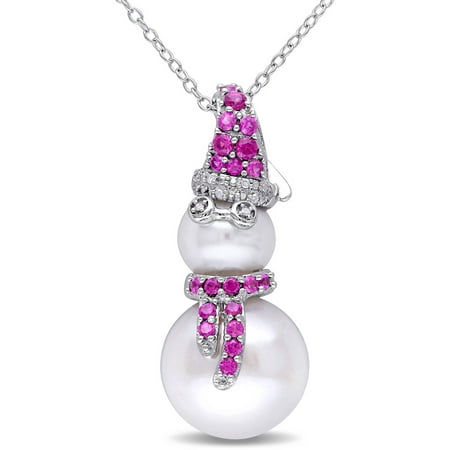 Tangelo 12-12.5mm and 8-8.5mm White Button and Round Cultured Freshwater Pearl and 1/2 Carat T.G.W. Created Ruby with Diamond-Accent Sterling Silver Snowman Pendant, 18